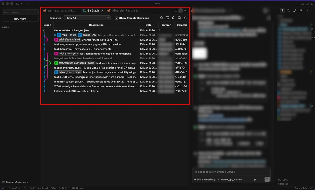 Git Graph แสดง branch ของทีม DRA — เห็น merge request, branch แยก, commit history ทั้งหมดแบบ visual