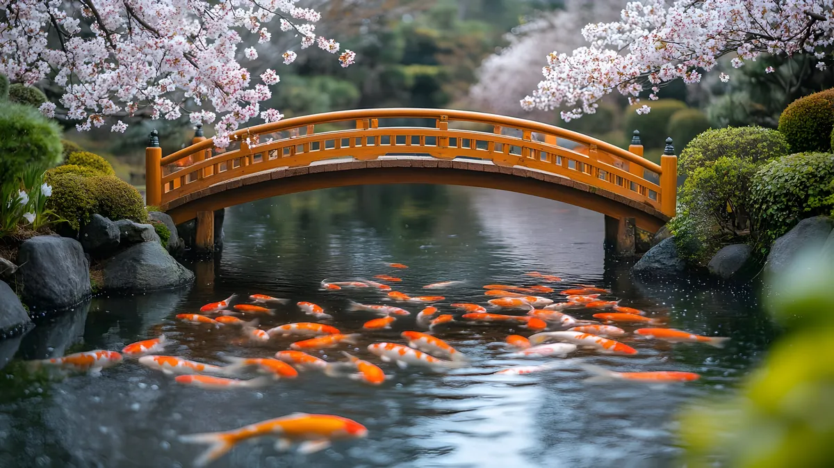 Koi fish swimming under cherry blossoms bridge — ความงามของระบบที่ไหลลื่น