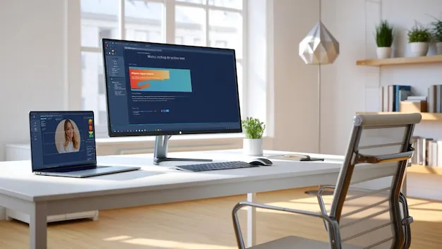 Modern workspace with dual monitors — สภาพแวดล้อมการทำงานที่ใช้ AI สร้างระบบทั้งหมด