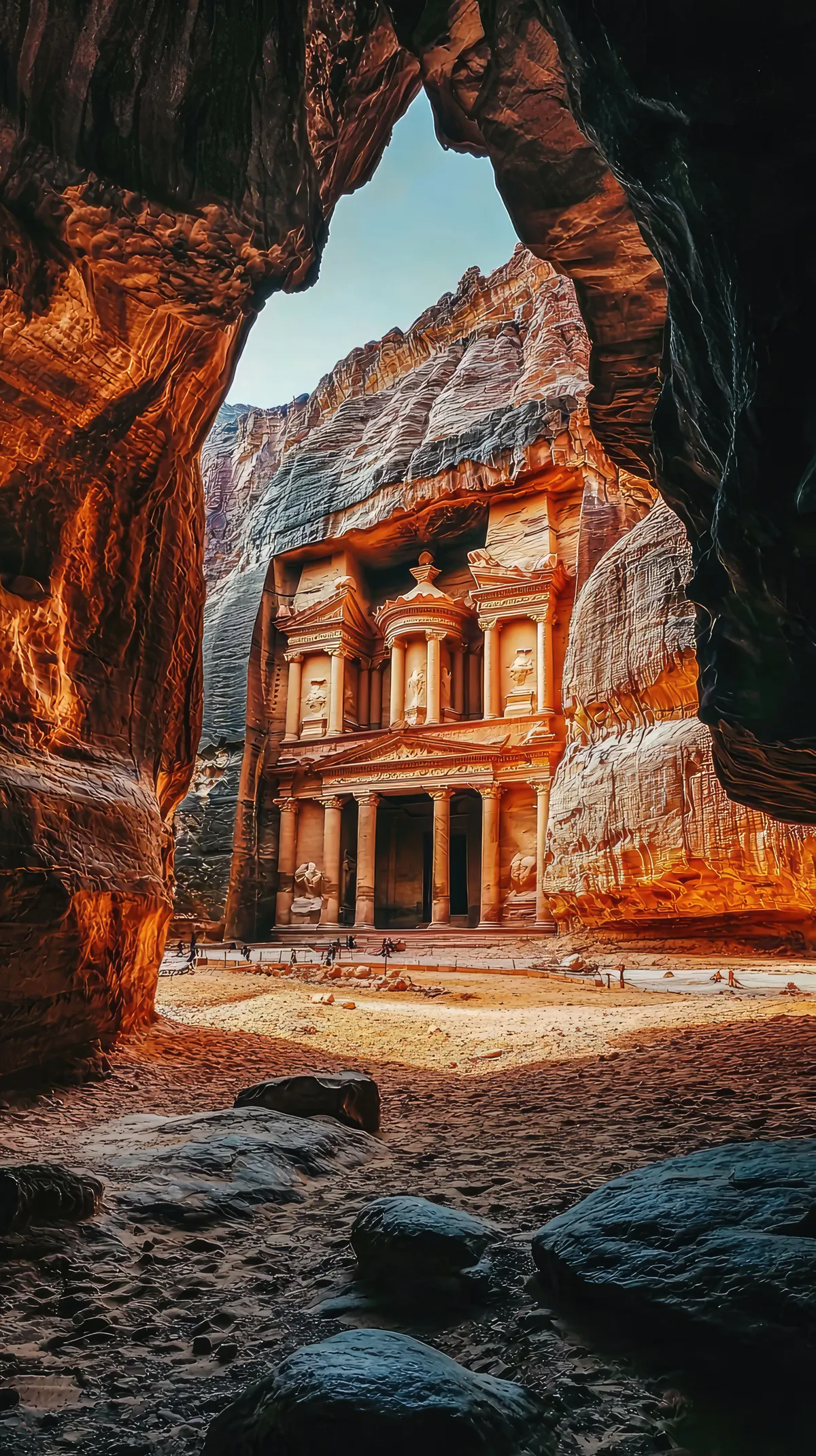 Petra treasury viewed through the Siq canyon, Jordan