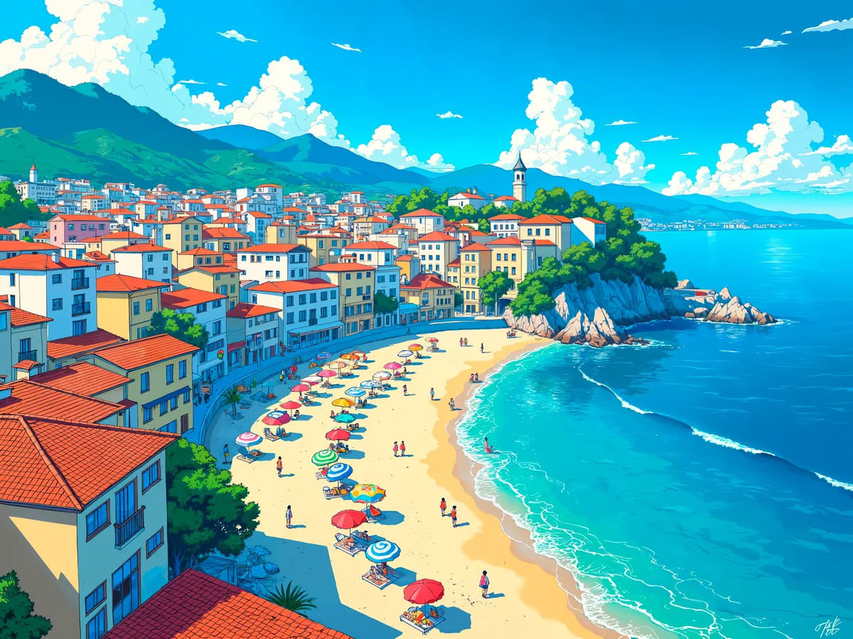 Coastal town beach scene Mediterranean