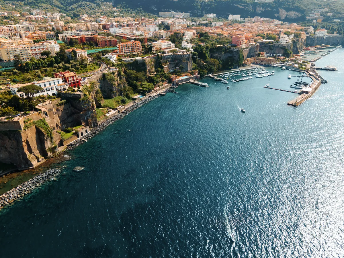 Aerial view of Sorrento coastline Italy with turquoise sea