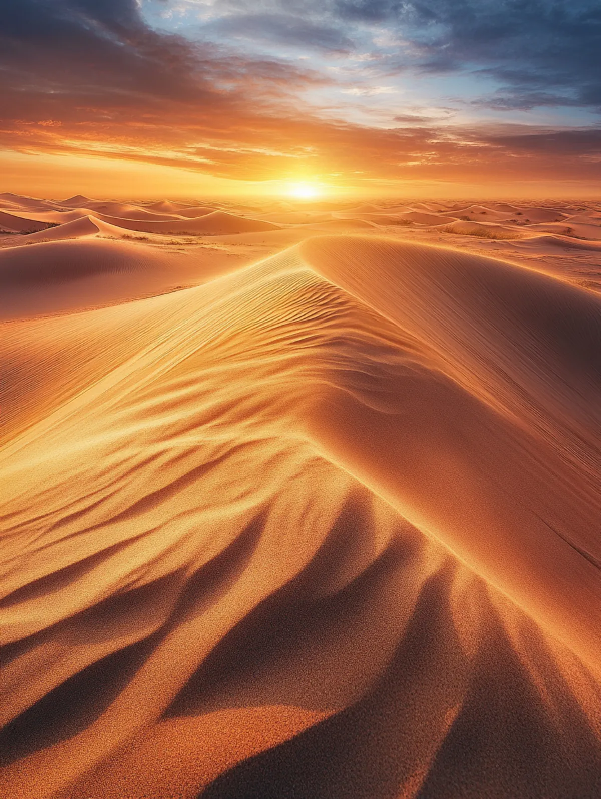 Golden hour desert sand patterns wind shaped