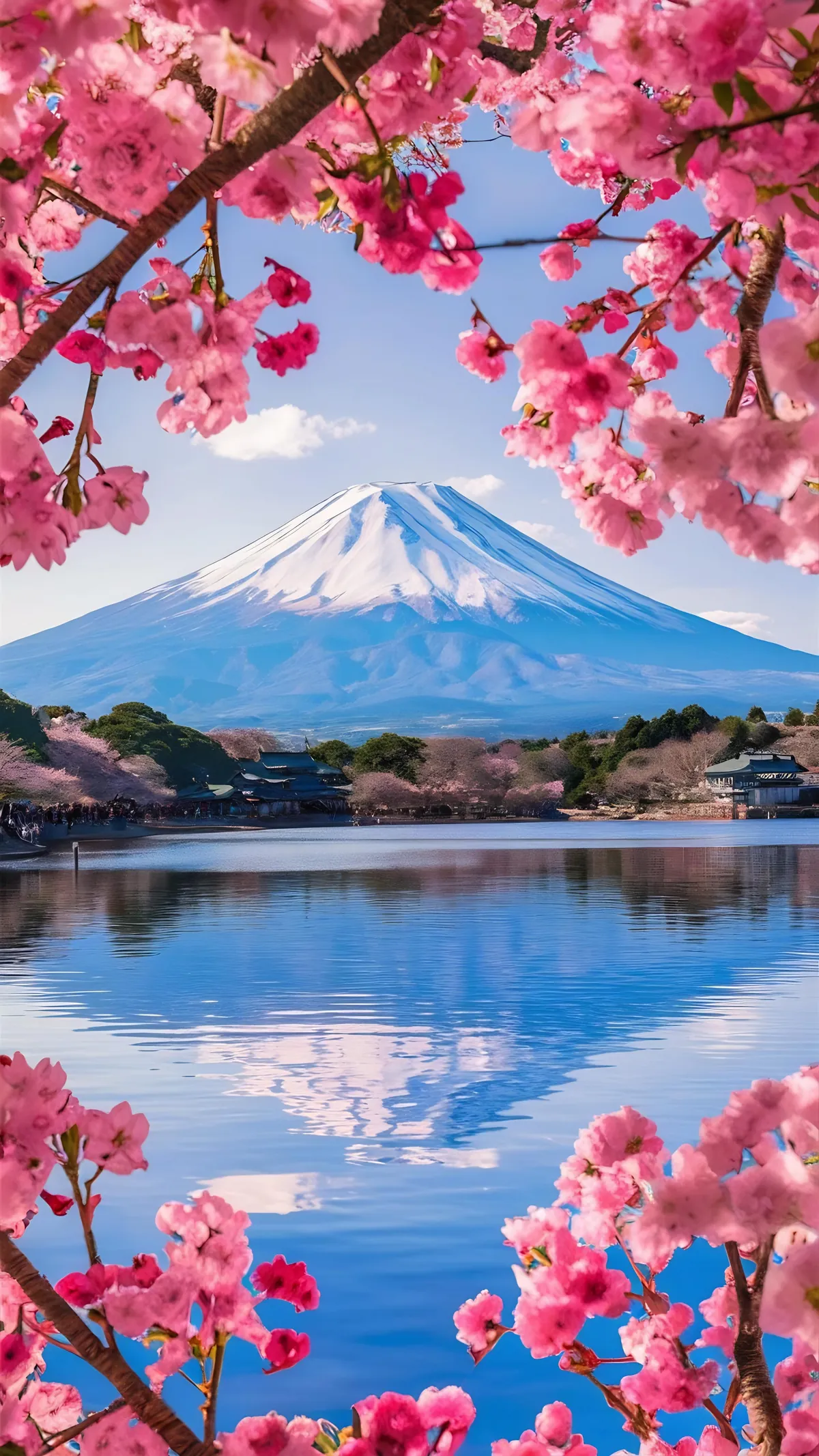 Mt Fuji with cherry blossoms near Lake Kawaguchiko Japan