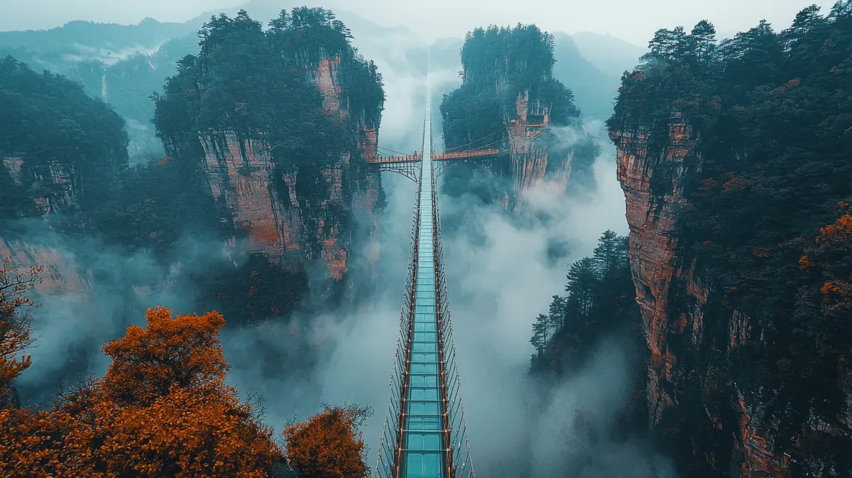 Glass bridge over misty mountain cliffs in China